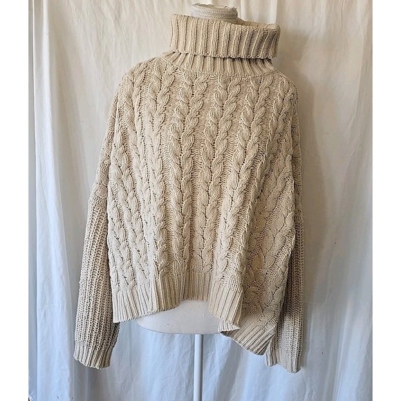 POL Chunky Knit‎ Crew Turtleneck Sweater Oversized Cropped Women's Size L Cream - Picture 8 of 16